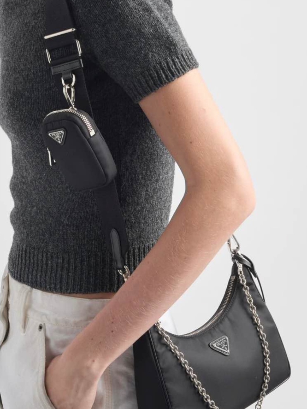 Prada Black Nylon Shoulder Bag with Chain Strap and Detachable Mini Pouch